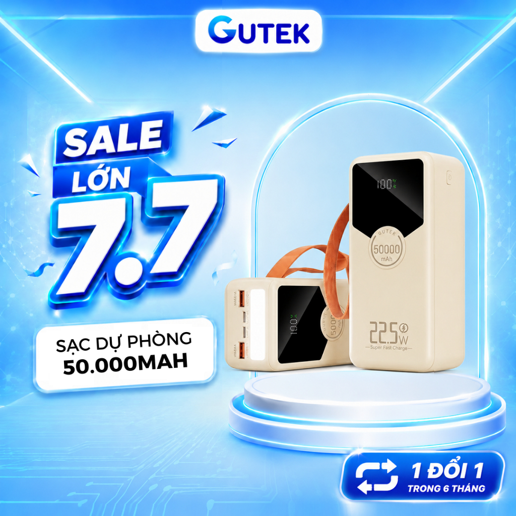 Pin sạc dự phòng 50000mAh Gutek GT240 sạc nhanh 22,5W có dây cắm nhiều điện thoại
