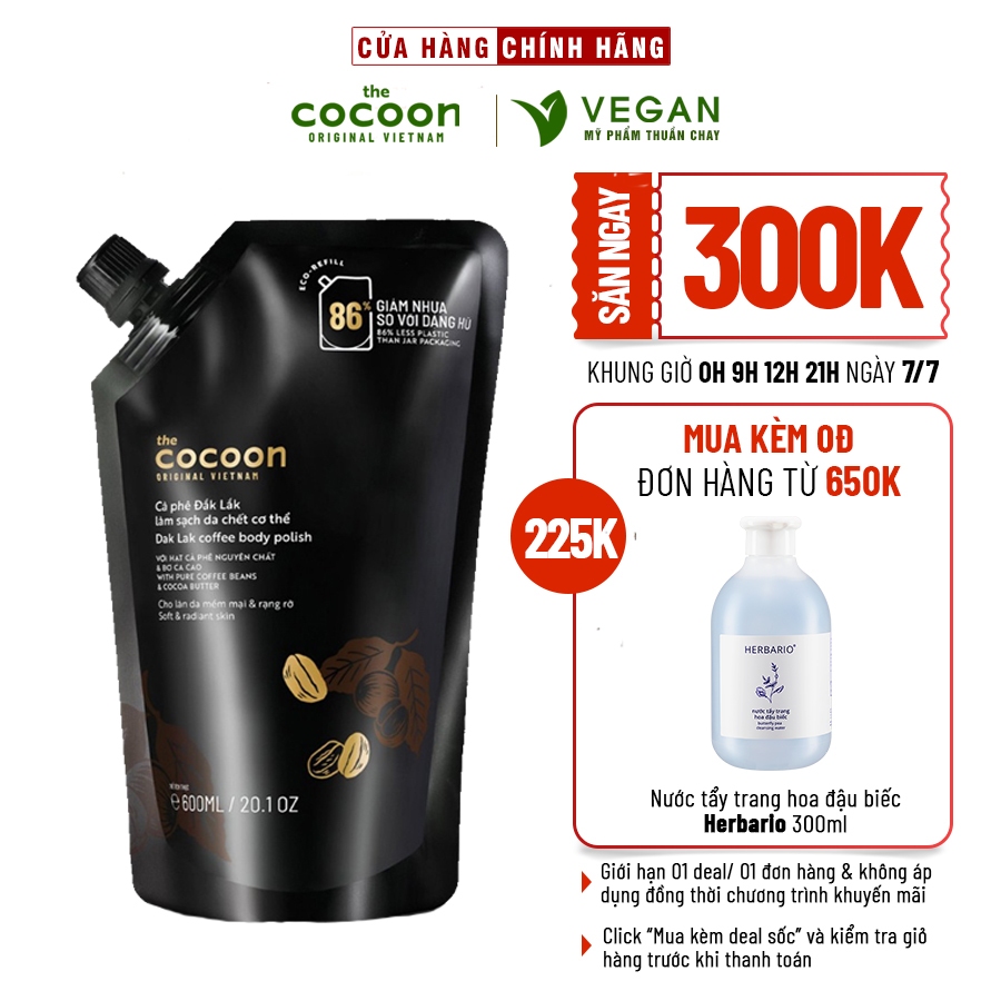 Big size Cà phê Đắk Lắk làm sạch da chết cơ thể body cocoon 600ml thuần chay