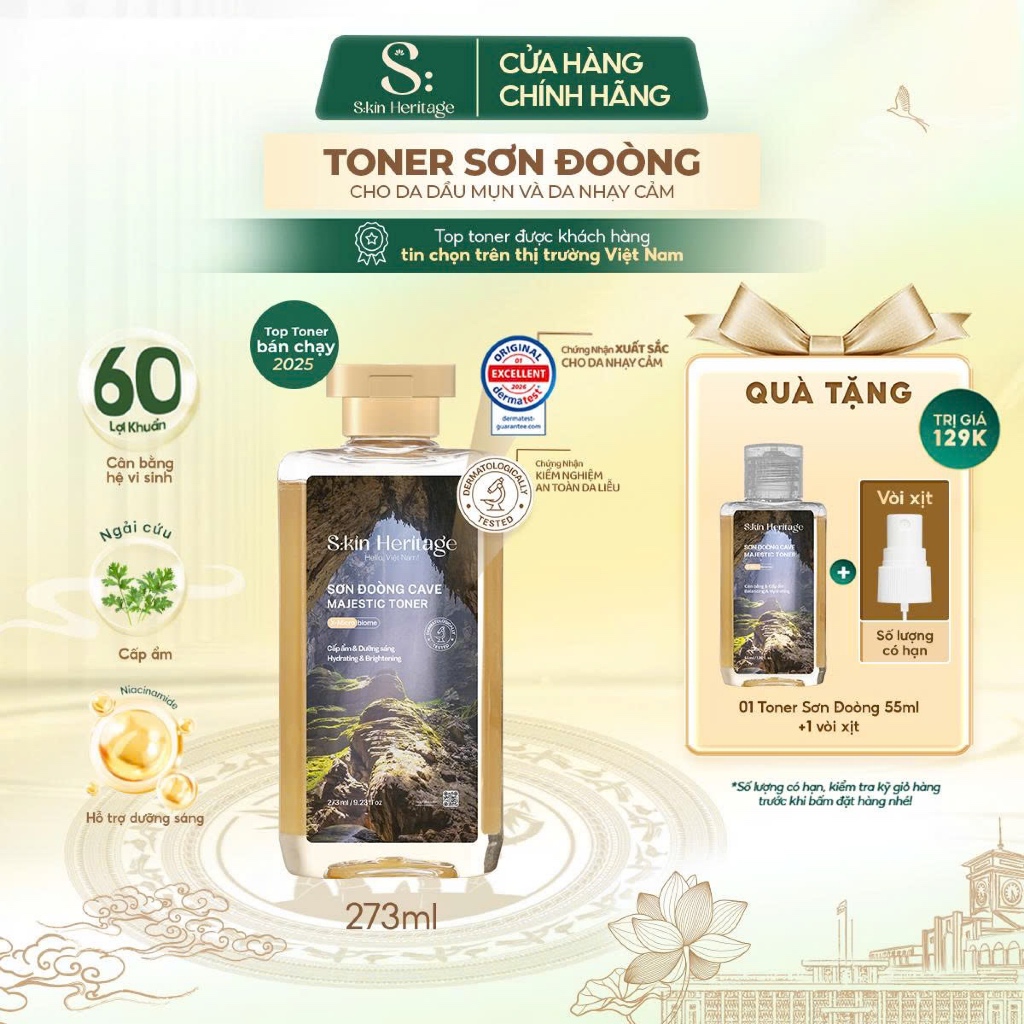 Toner Sơn Đoòng Skin Heritage hỗ trợ cấp ẩm, dưỡng sáng cung cấp 60 Lợi Khuẩn cho da nhạy cảm, da dầu mụn 273ml