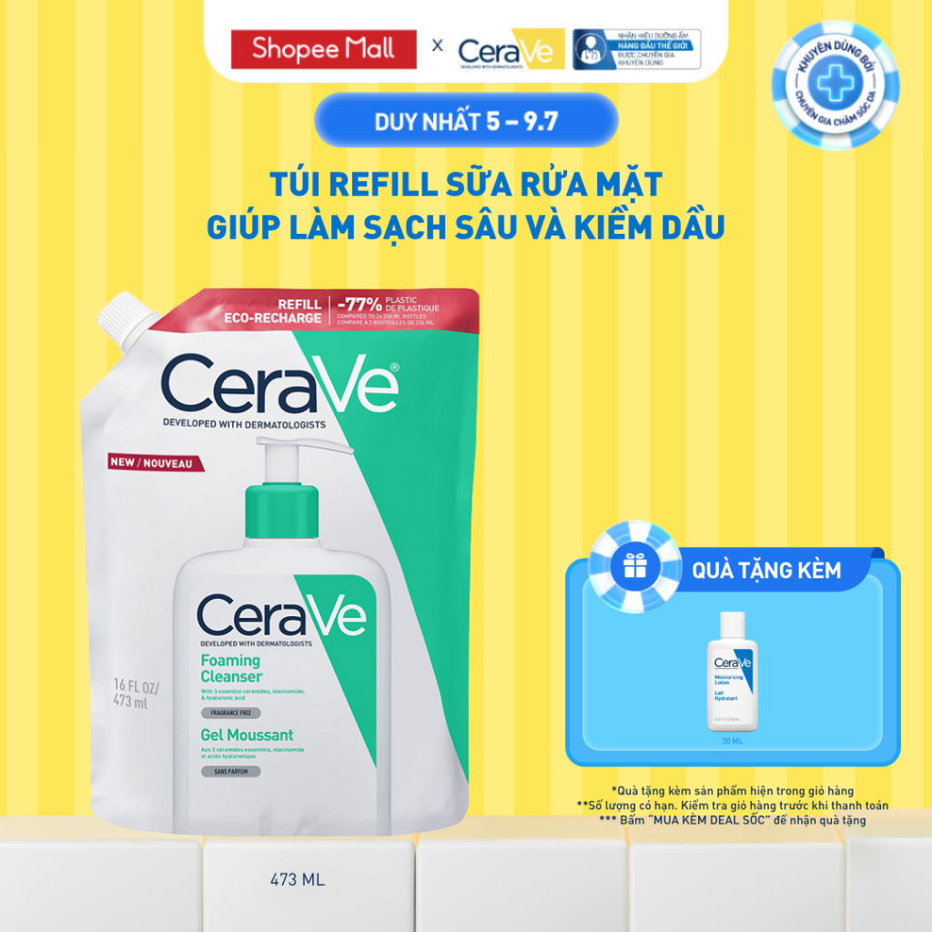 Túi refill sữa rửa mặt giúp làm sạch sâu và kiềm dầu Cerave Foaming Cleanser 473ML