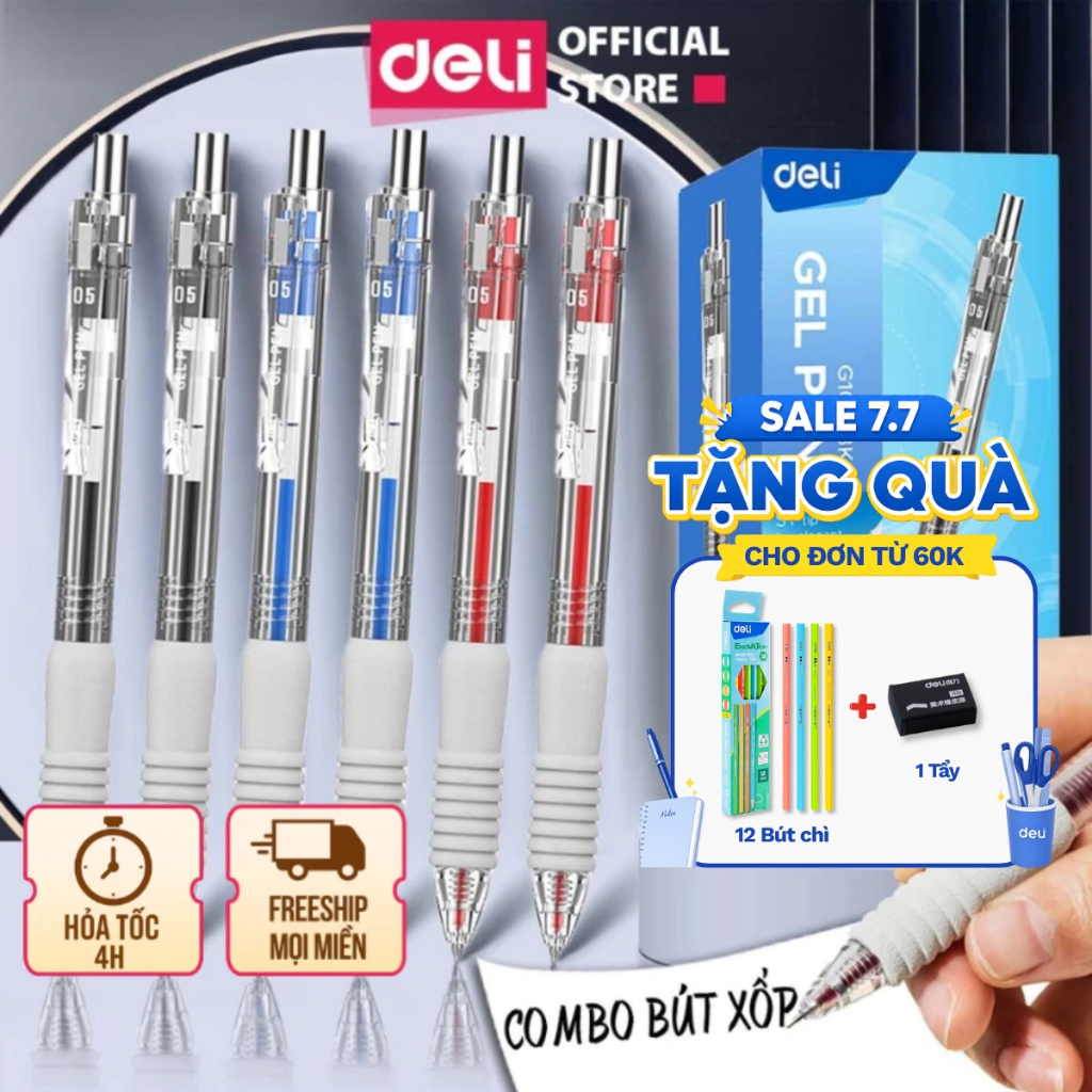 [🔥7/7 TẶNG 12 BÚT CHÌ ] Bút Bi Nước Bút Gel Mực Bấm Deli Đệm Xốp 3 Màu Xanh/ Đen/ Đỏ Ngòi 0.5mm Cho Học Sinh Văn Phòng