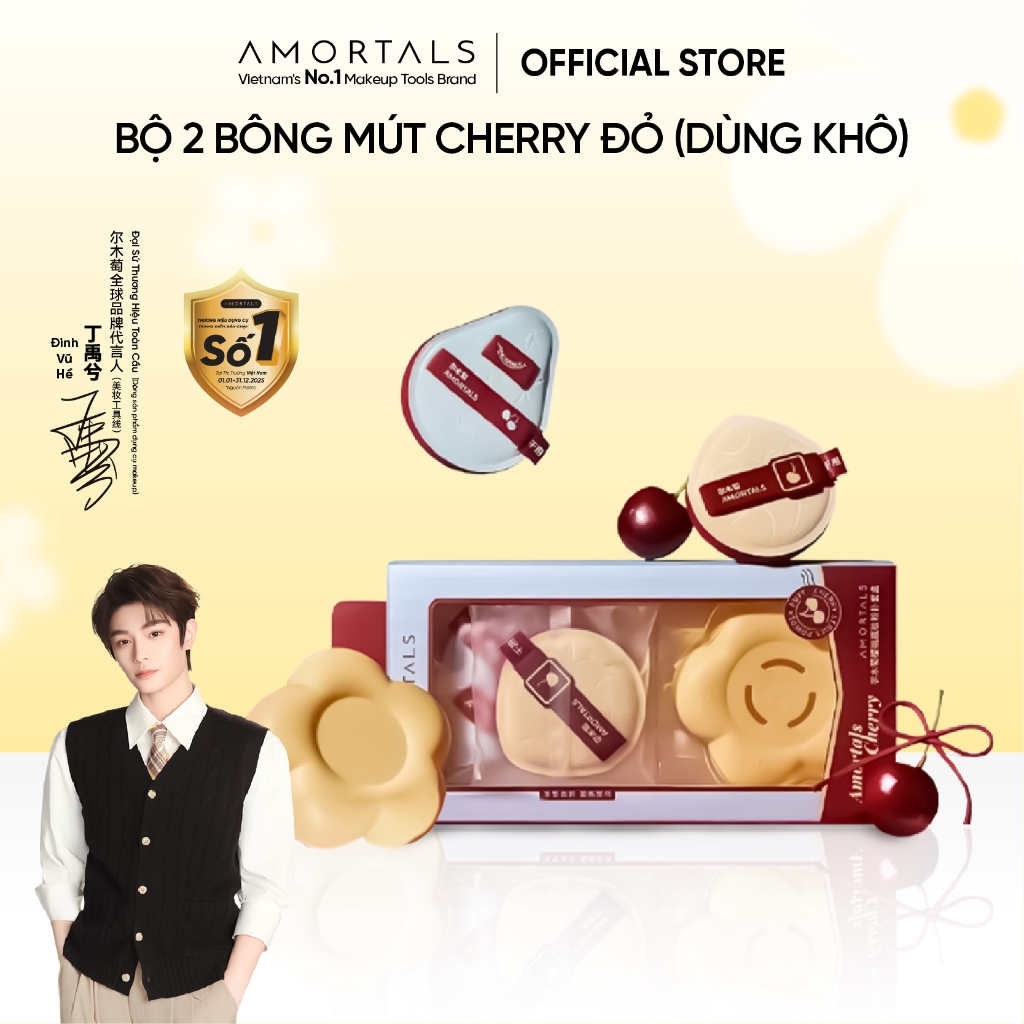 Bông Mút Trang Điểm Amortals Cherry 2 Series – Bề Mặt Nhung Mịn, Đàn Hồi, Tán Nền Nhanh, Không Hút Kem, Kèm Hộp Hoa