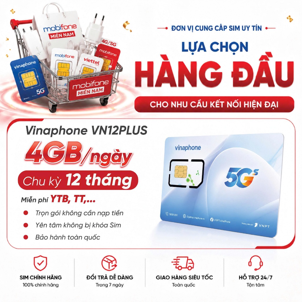 🌟[4GB/ngày Free MXH] Sim 5G Vinaphone VN12PLUS 4GB/ngày trọn gói 12 Tháng Miễn Phí TT, YTB,MyTV...
