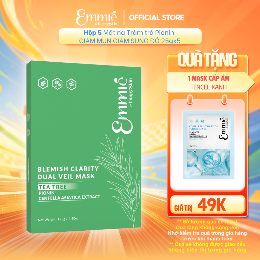 Hộp 5 Mặt nạ Tràm trà Pionin Giảm mụn giảm sưng đỏ cho da dầu mụn Emmie Blemish Clarity Dual Veil Mask 25gx5