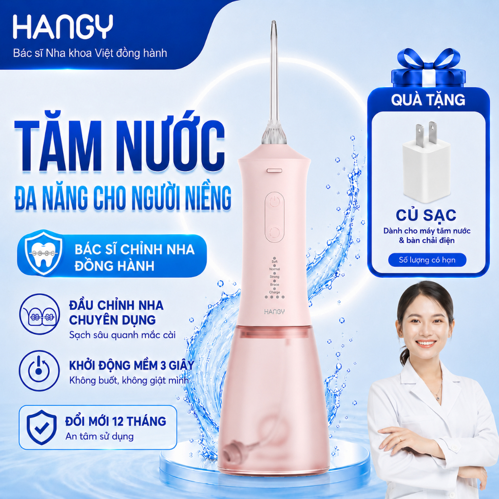 Máy Tăm Nước Cầm Tay Cho Răng Niềng HG23 & HN26 - Pin Trâu, 4 Chế Độ - Đổi mới trong 12 tháng