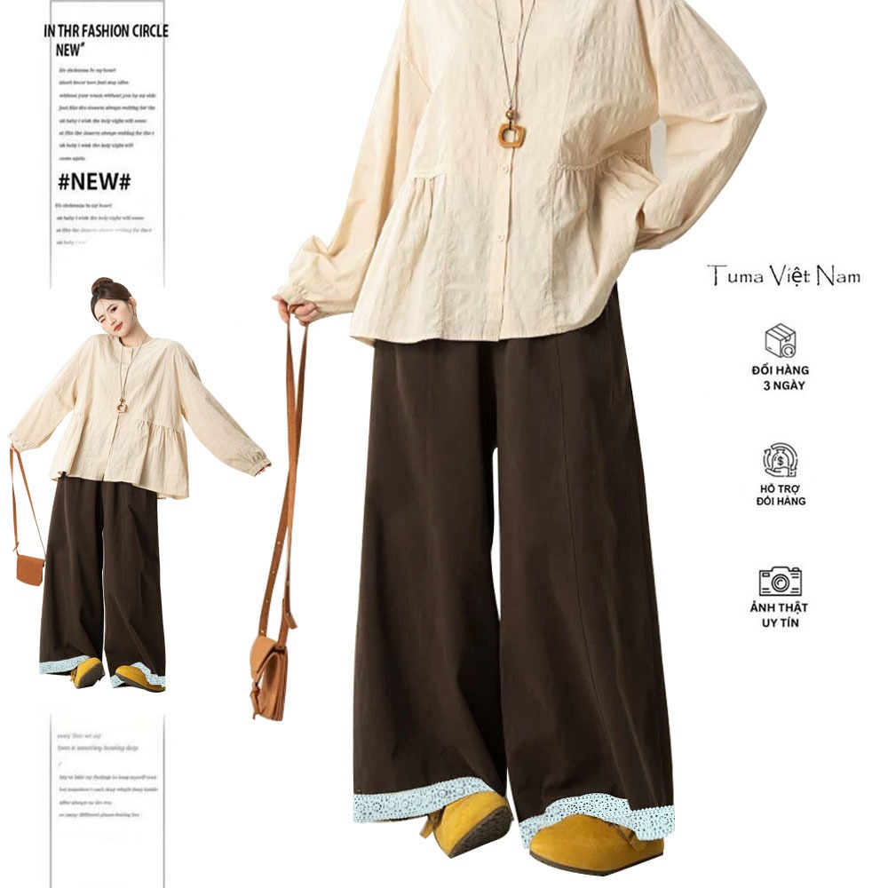 Quần ống rộng kaki mềm Tuma Việt Nam, Quần thiết kế phối ren gấu xinh xắn, dễ phối đồ, đơn giản, cá tính R6