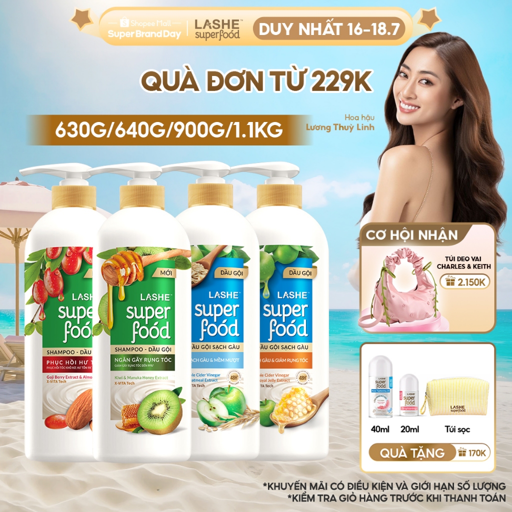 Dầu Gội LASHE SUPERFOOD Ngăn Gãy Rụng Tóc/Phục Hồi Hư Tổn /Sạch Gàu Giảm Rụng /Sạch Gàu Mềm Mượt 300G/ 640G/ 630G/ 1.1KG