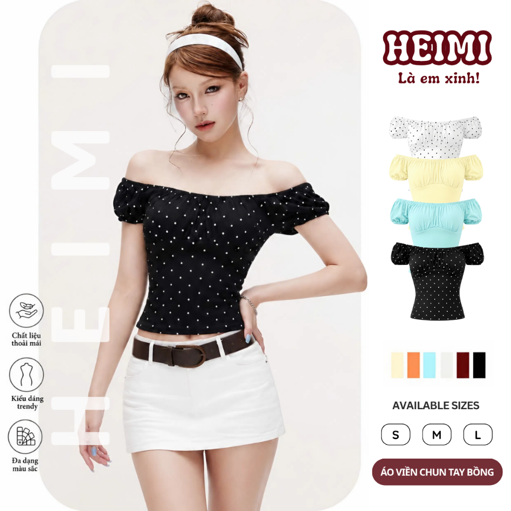 Áo Thun Nữ Tay Bồng Viền Chun Nhún Ngực Nhẹ Nhàng Nữ Tính Chất Thun Cotton Co Giãn HEIMI