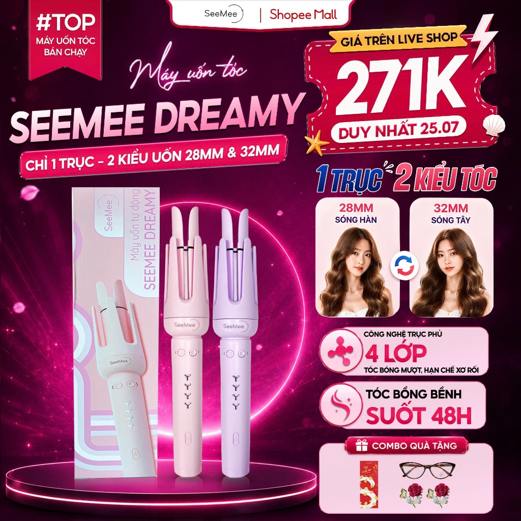 [GIÁ 271K TẠI LIVE SHOP] Máy Uốn Tóc Tự Động Seemee trục đa năng 28mm 32mm chất liệu gốm sứ bảo vệ tóc bản 2025, LIS