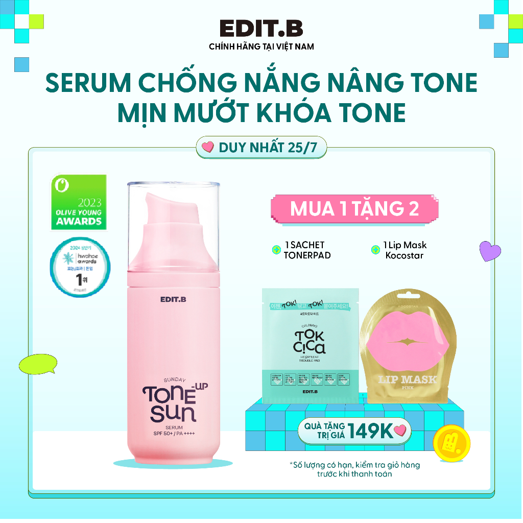 Serum Chống Nắng Hồng Nâng Tone Sáng Hồng Cho Mọi Loại Da Edit.B Sunday Tone-Up Sun Serum SPF50+/PA++++55ml