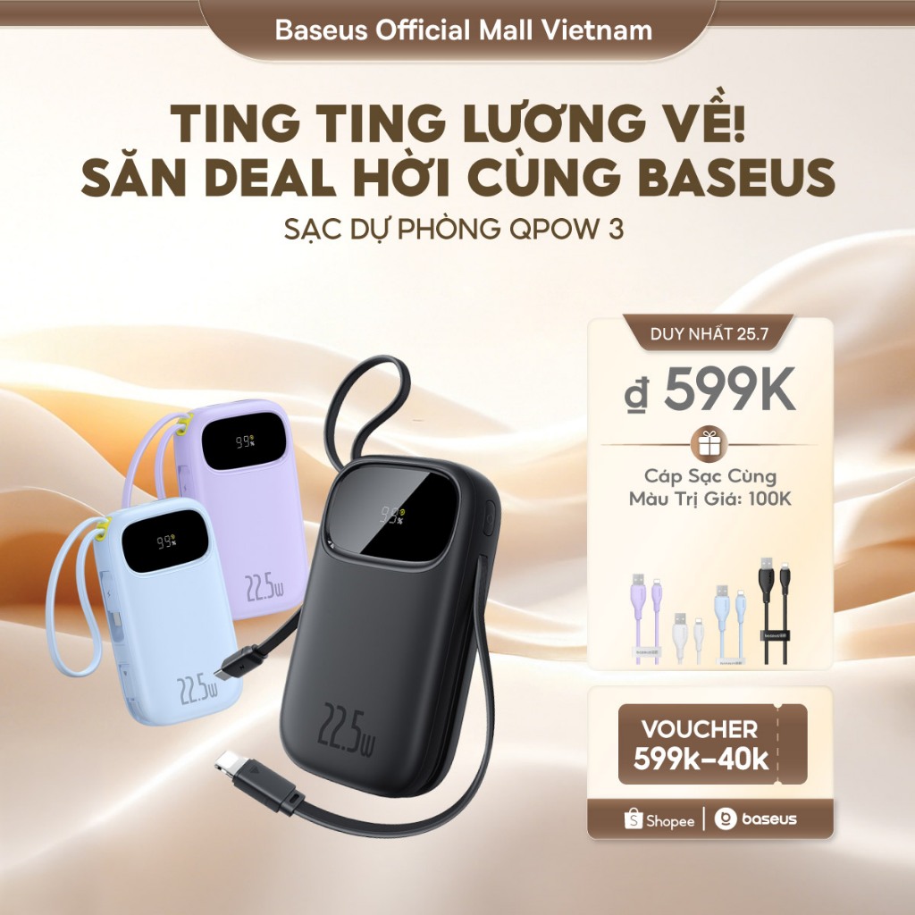 【Chứng chỉ 3C】Baseus Qpow3 Pin Dự Phòng 20000mAh/10000mAh PD22.5W Màn Số LED Cáp Kép Sạc Nhanh 2 Thiết Bị Nhỏ Gọn Bỏ Túi