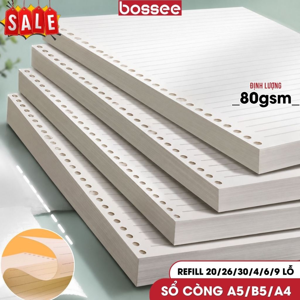 Ruột sổ còng giấy refill A5 B5 A4 kẻ ngang kẻ caro vuông sổ planner bullet journal chống loá _ bossee