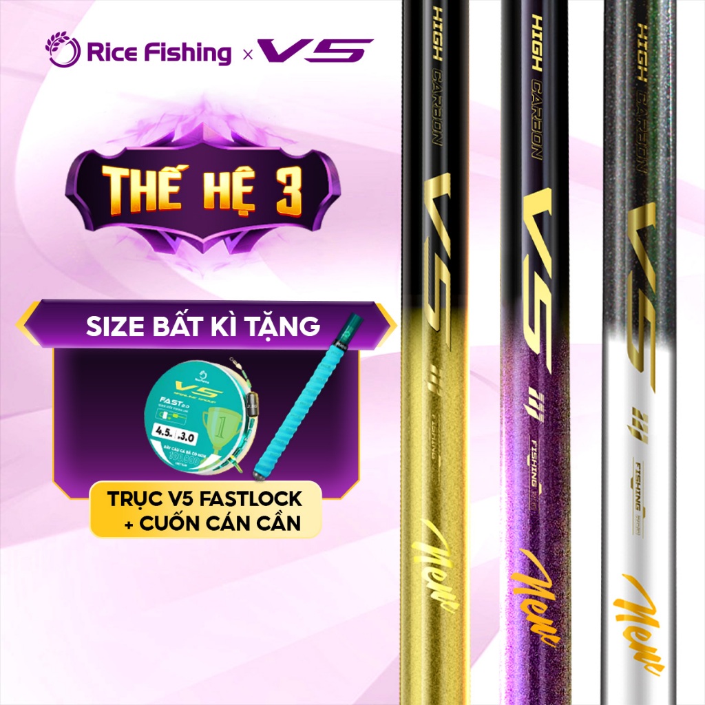 Cần câu đài V5 Thế hệ 3 Rice Fishing Carbon 30T & 40T Nâng cấp phiên bản mới 2025