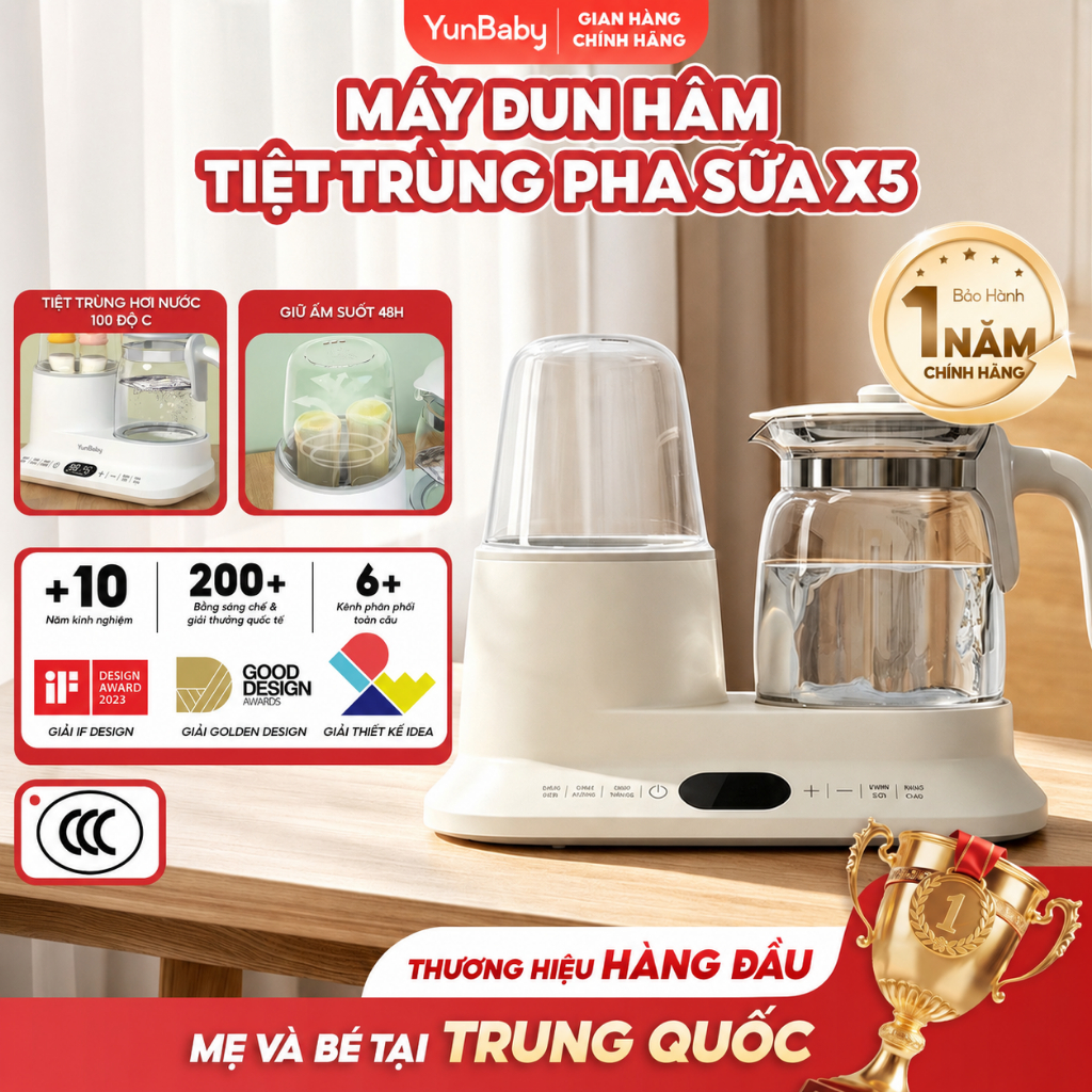 Máy đun hâm tiệt trùng hơi nước đa năng X5 Yunbaby, tiệt trùng, đun nước,hâm sữa, khử Clo, Giữ ấm 48H - Bảo hành 1 năm