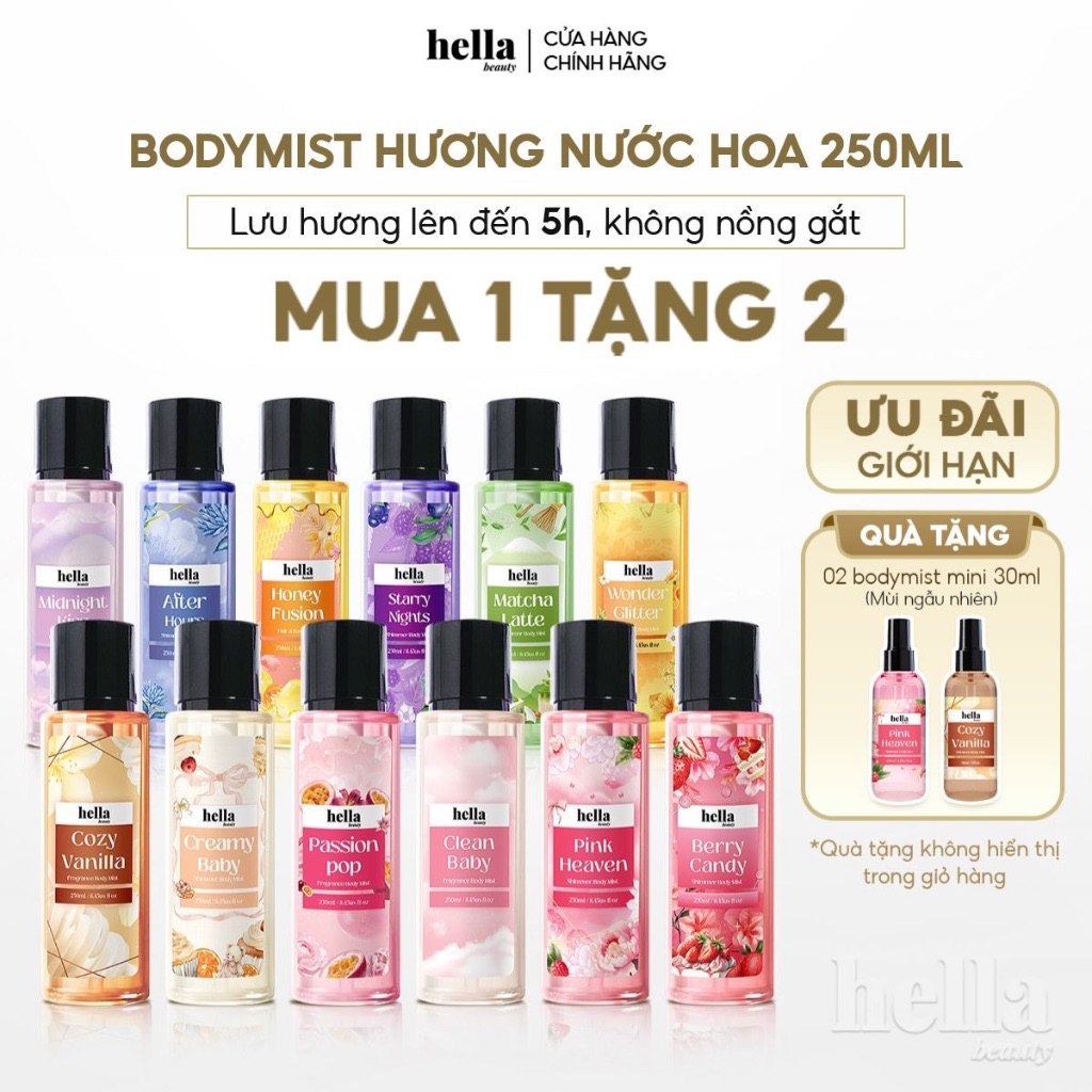 Xịt thơm body mist hương nước hoa Hella Beauty 250ml lưu hương lâu,an toàn cho da