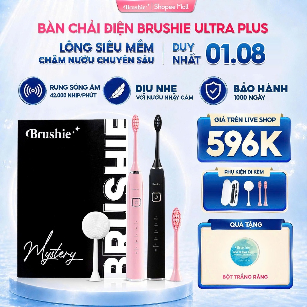 [GIÁ 603K LIVE SHOP] Bàn Chải Điện BRUSHIE Ultra Lông Mềm, Tích Hợp Máy Rửa Mặt, Sạch Sâu Dịu Nhẹ Với Nướu LIS
