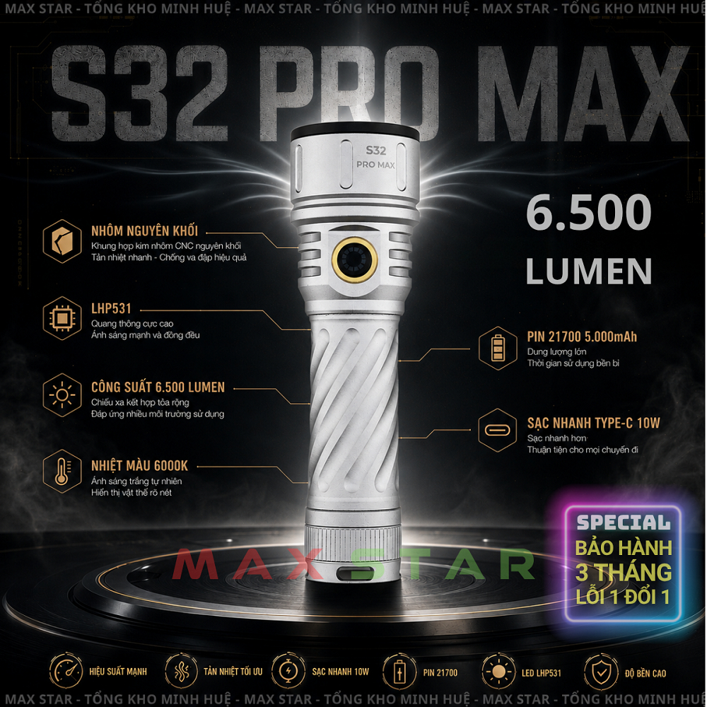 Đèn pin cầm tay siêu sáng 6500lumen MAX STAR S32 PRO MAX pin 21700 dung lượng cao 5000mAh sạc nhanh TYPE-C LED LHP531