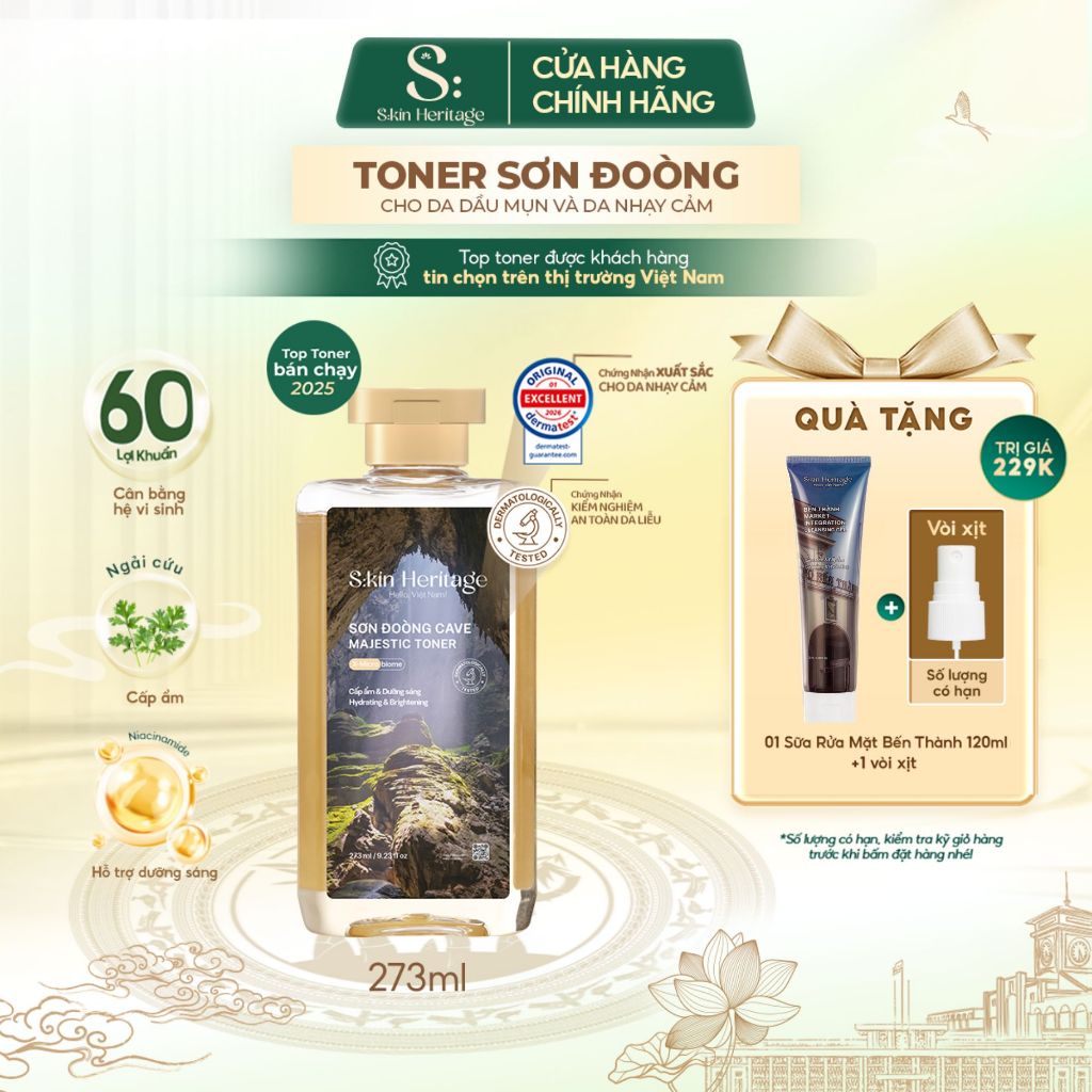 Toner cấp ẩm Sơn Đoòng dưỡng ẩm và hỗ trợ dưỡng sáng cho da dầu mụn, nhạy cảm Skin Heritage Sử dụng 60 Lợi Khuẩn 273ml