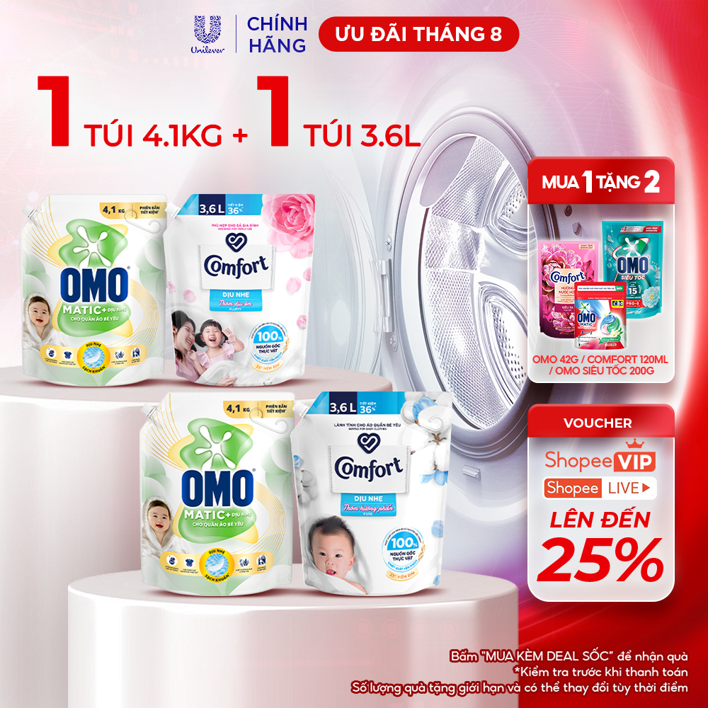 Túi Nước Giặt Omo Matic Cho Quần Áo Bé Yêu 4,1kg + Nước Xả Vải Comfort Dịu Nhẹ Túi 3,6L - Combo dành cho mẹ và bé