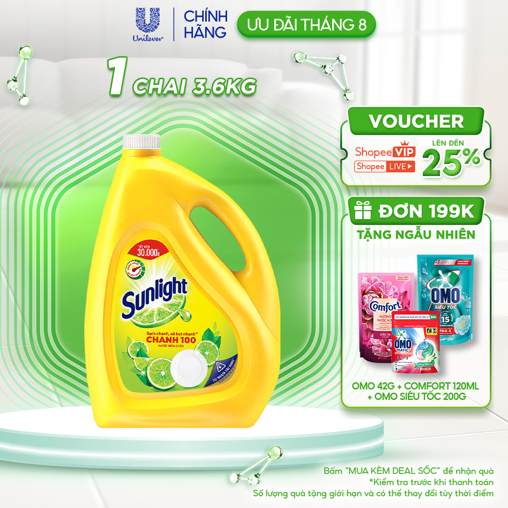 Nước Rửa Chén Bát Sunlight Chanh 100 Sạch Nhanh Xả Bọt Nhanh Rửa Sạch Dầu Mỡ 3.6kg