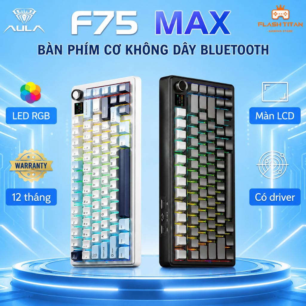 Bàn phím cơ không dây AULA F75 MAX kết nối bluetooth,Tích Hợp Màn LCD, Núm xoay, Dùng cho PC,laptop chơi game, văn phòng
