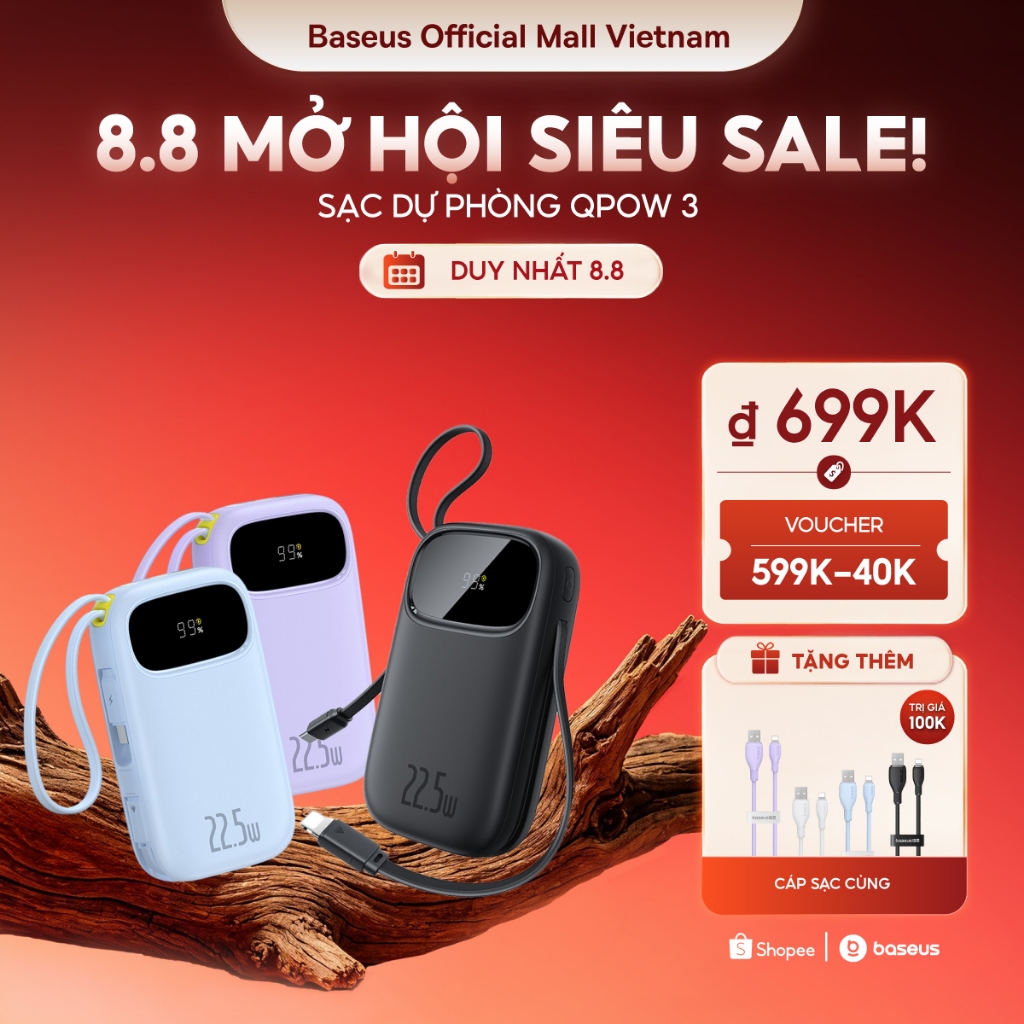 【Chứng chỉ 3C】Baseus Qpow3 Pin Dự Phòng 20000mAh/10000mAh PD22.5W Màn Số LED Cáp Kép Sạc Nhanh 2 Thiết Bị Nhỏ Gọn Bỏ Túi
