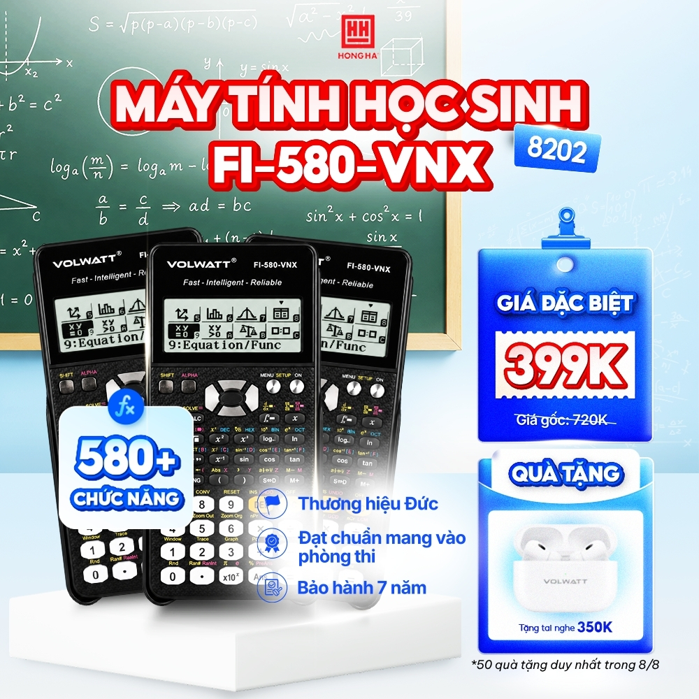 (Tặng tai nghe không dây 350K) Máy tính học sinh Volwat FI-580-VNX - Máy tính khoa học bỏ túi tiện lợi - 8202