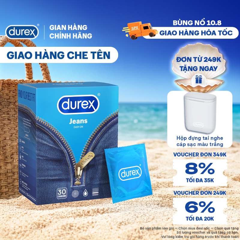 Bao cao su Durex Jeans cơ bản, bôi trơn, size 52.5mm, hộp 30 bao