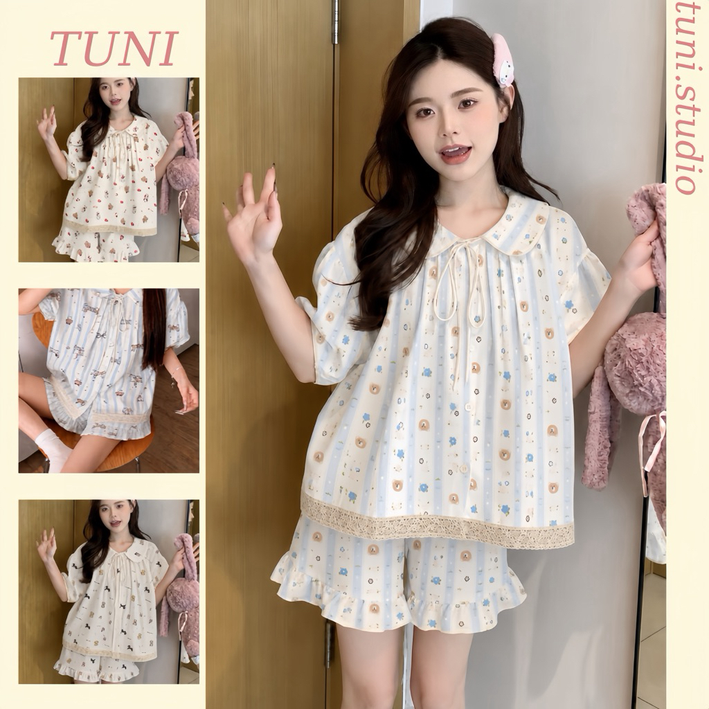 Bộ Ngủ Nữ Tiểu Thư Cổ Sen Vải Đũi Vân In Hoạ Tiết Mùa Hè Women Quần Ngủ Áo Ngủ Tuni.studio CSR01