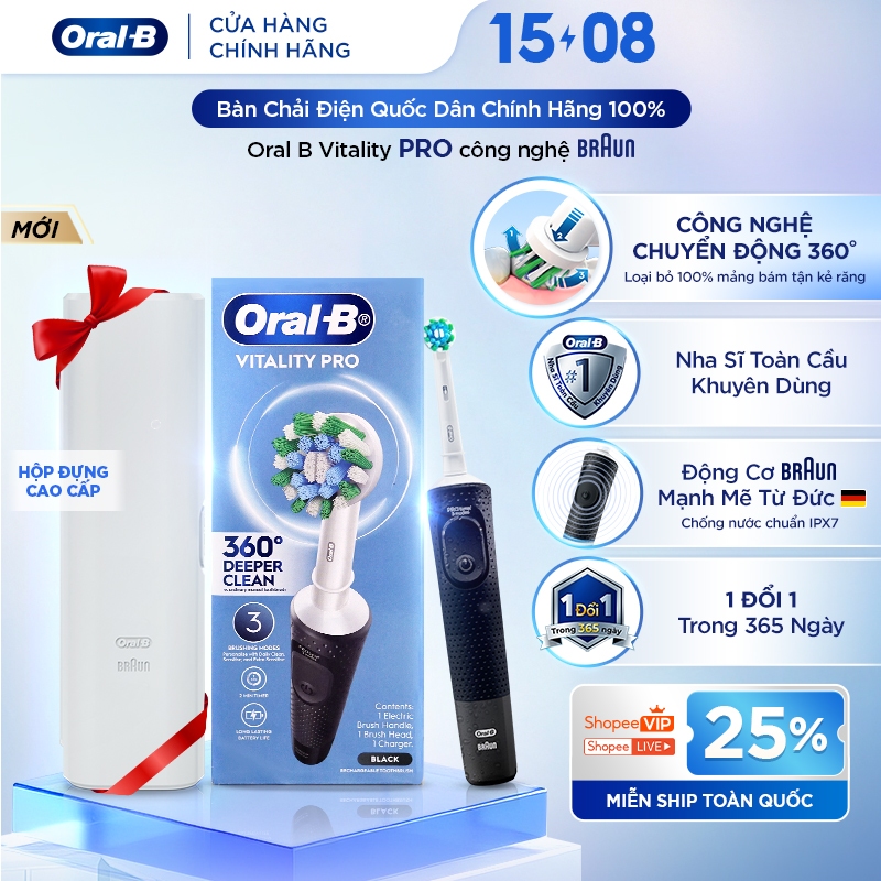 [MỚI 2026] Bàn Chải Điện ORAL B Vitality Pro Chính Hãng, BH 1 Đổi 1, Chuyển Động Rung 360°, Sạch Sâu, Chống Nước IPX7