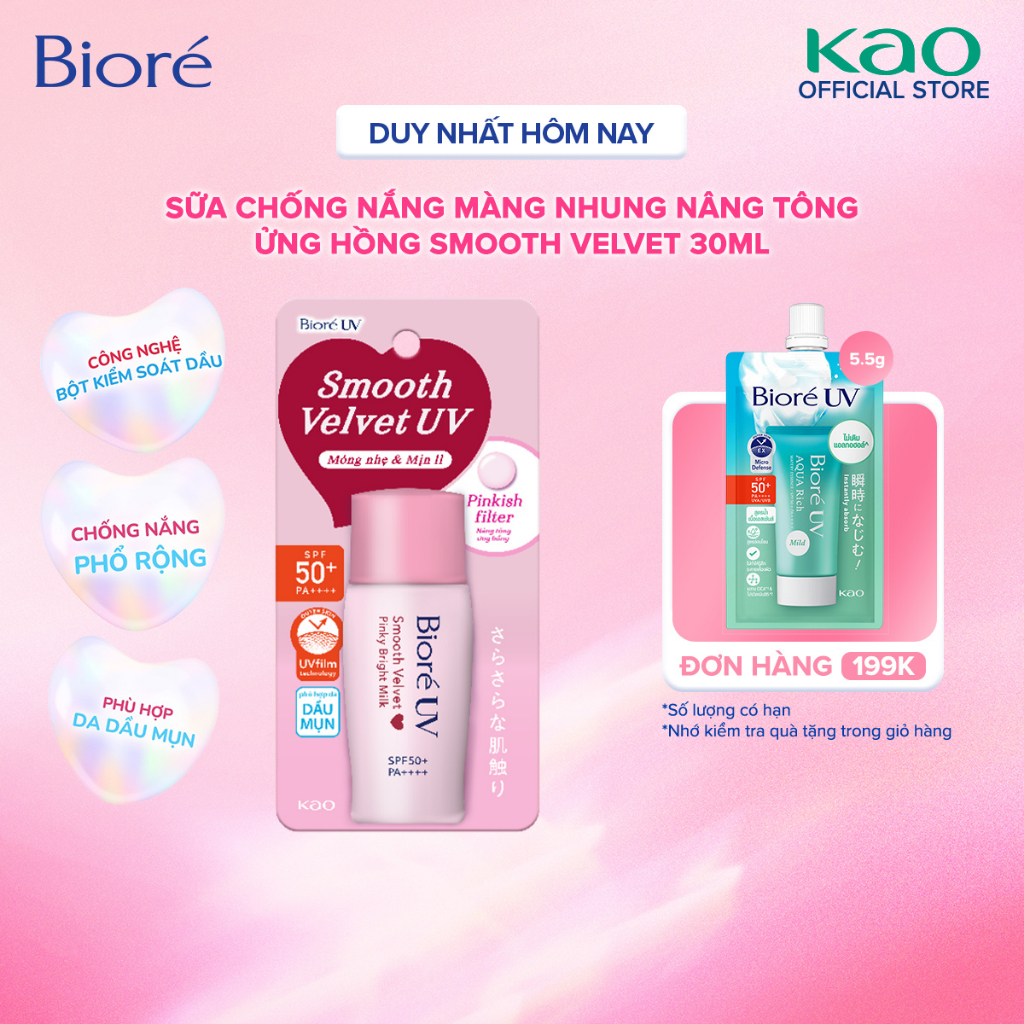 [MỚI] Sữa chống nắng nâng tông Biore UV màng nhung sáng hồng SPF50+ PA++++ 30ml