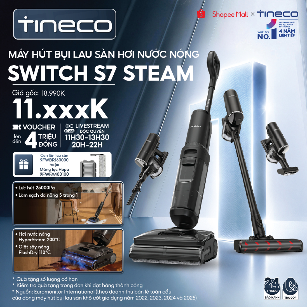 [KOLs Live] Tineco Switch S7 Steam (S7 Steam Combo) Máy hút bụi lau sàn hơi nước nóng 160 độ - Chống rối - BH 24 Tháng