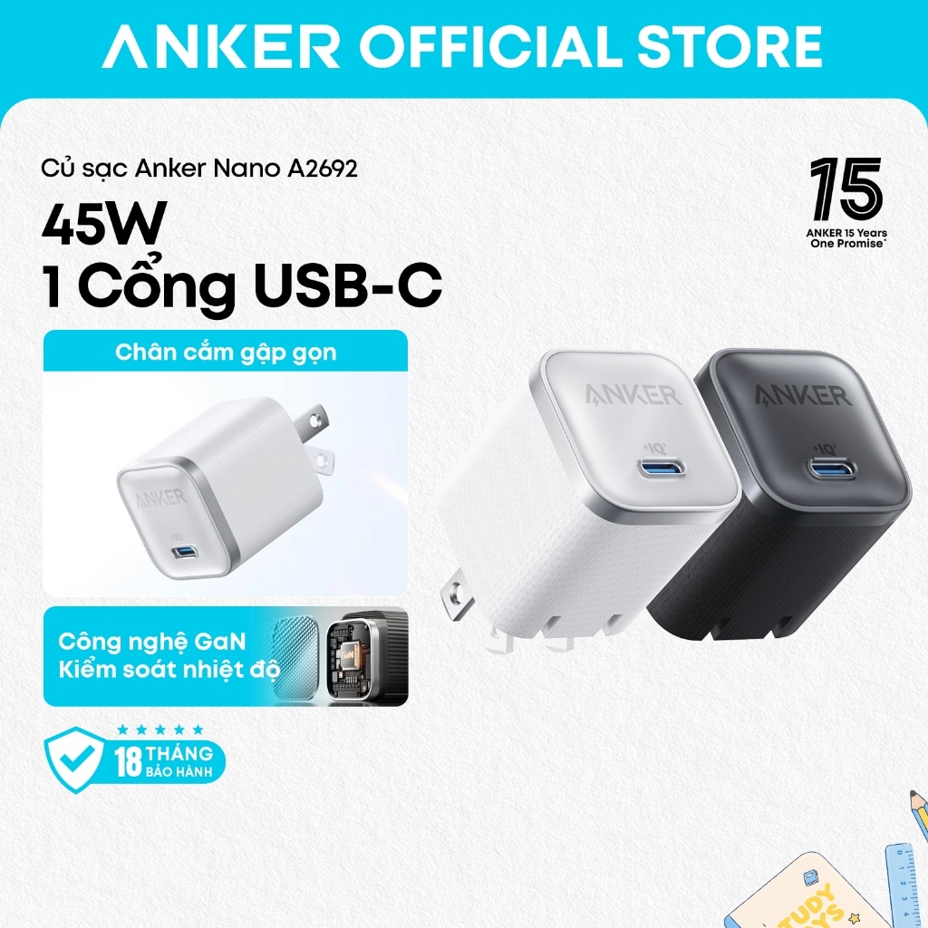 Củ sạc nhanh Anker Nano A2692/B2692 45W USB-C, thiết kế chân gập