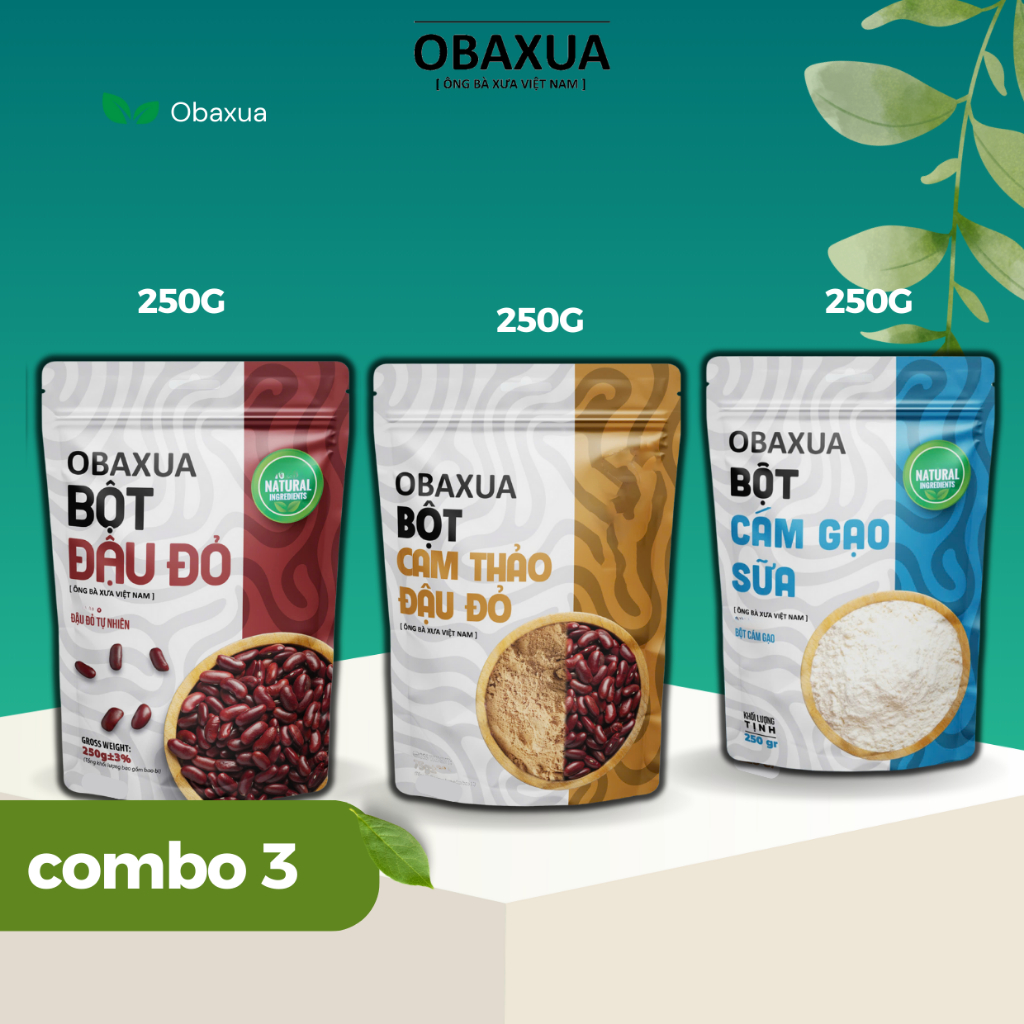 Combo [ Bột Đậu Đỏ 250G , Bột Cam Thảo Đậu Đỏ 250G , Bột Cám Gạo 250G ] Mặt nạ đắp dưỡng da Obaxua