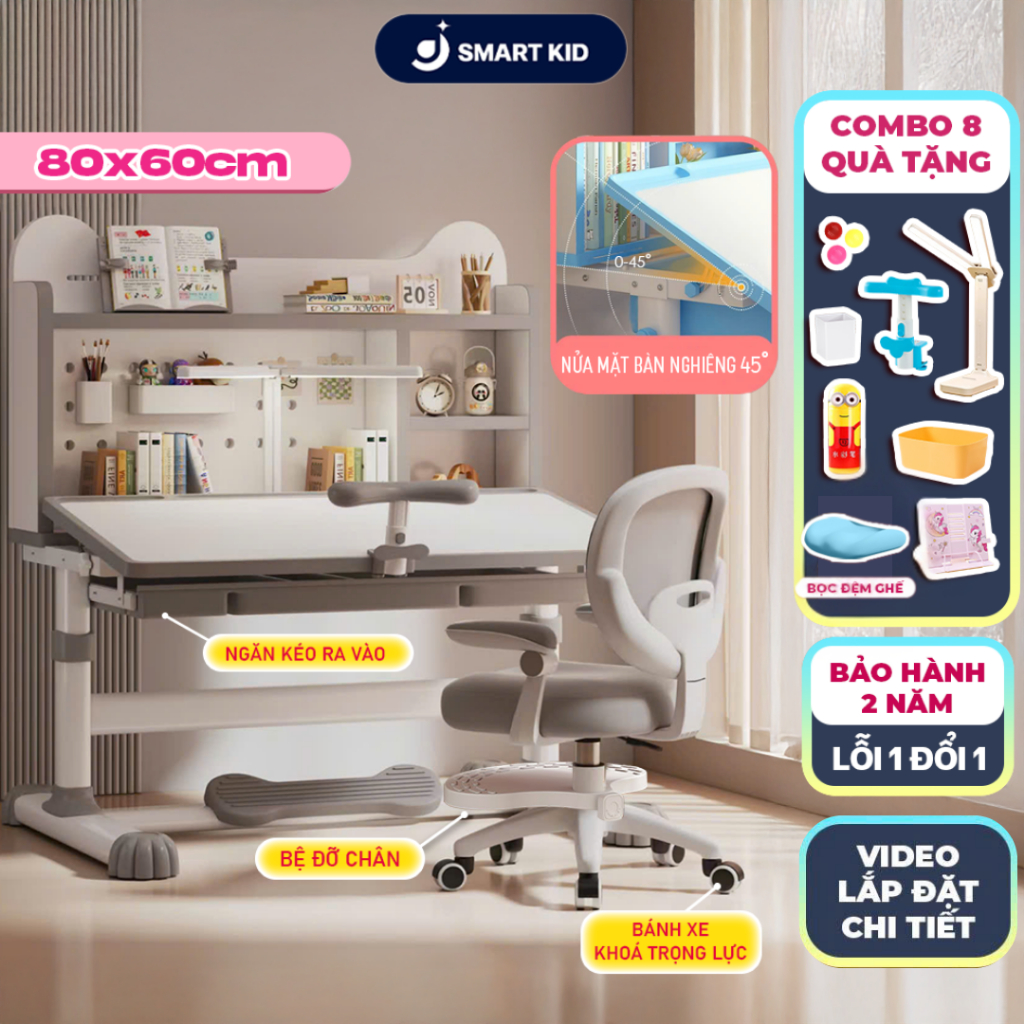 Bộ bàn học thông minh H68 Smart Kids ghế xoay 360 độ, mặt bàn nghiêng 60 độ nâng hạ độ cao, kèm nhiều quà tặng
