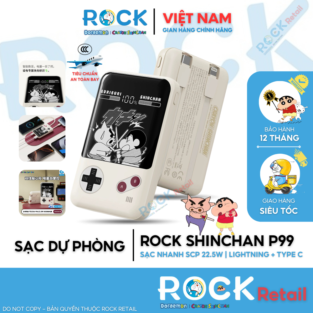 Sạc Dự Phòng ROCK Shinchan P99 With Cable 20000mAh, Sạc Nhanh SCP 22.5W/PD 20W, LED Hiển Thị % PIN - ROCK RETAIL STORE