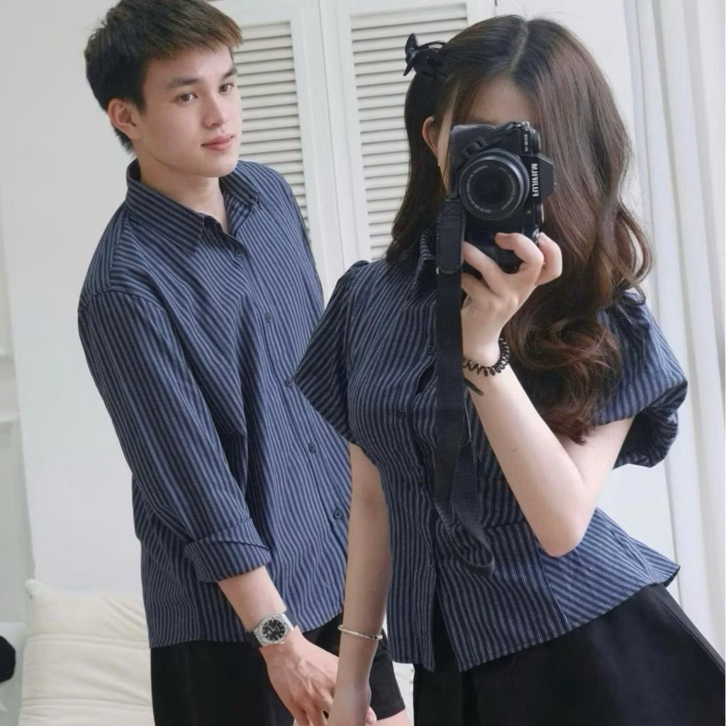 (Hoả tốc HCM) Set đôi sơmi nam nữ thắt eo sau lưng sọc xanh than cotton linen siêu dễ thương
