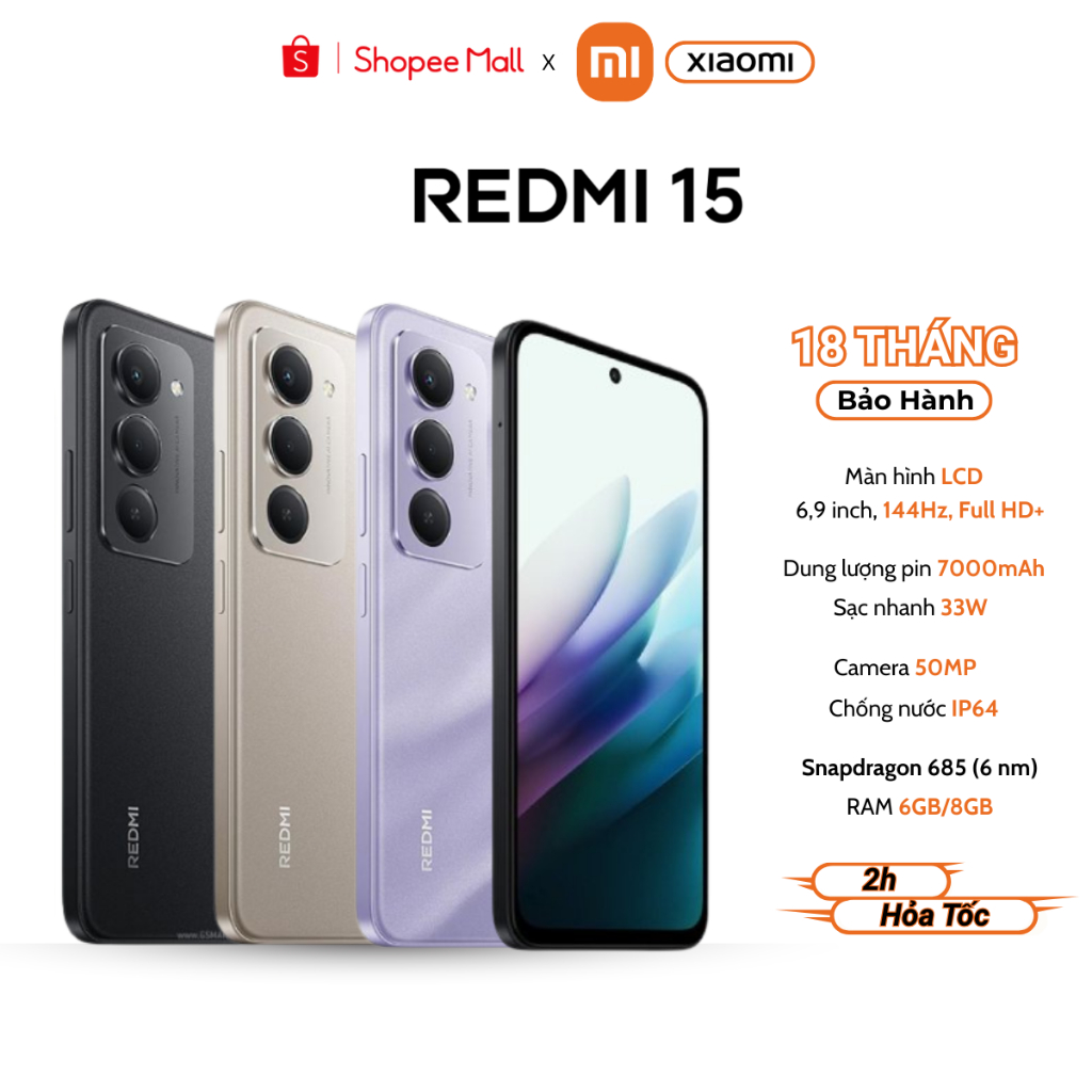 Điện Thoại Thông Minh Xiaomi Redmi 15 6/128GB - 8/128GB Có Tiếng Việt - Bảo hành 18 Tháng