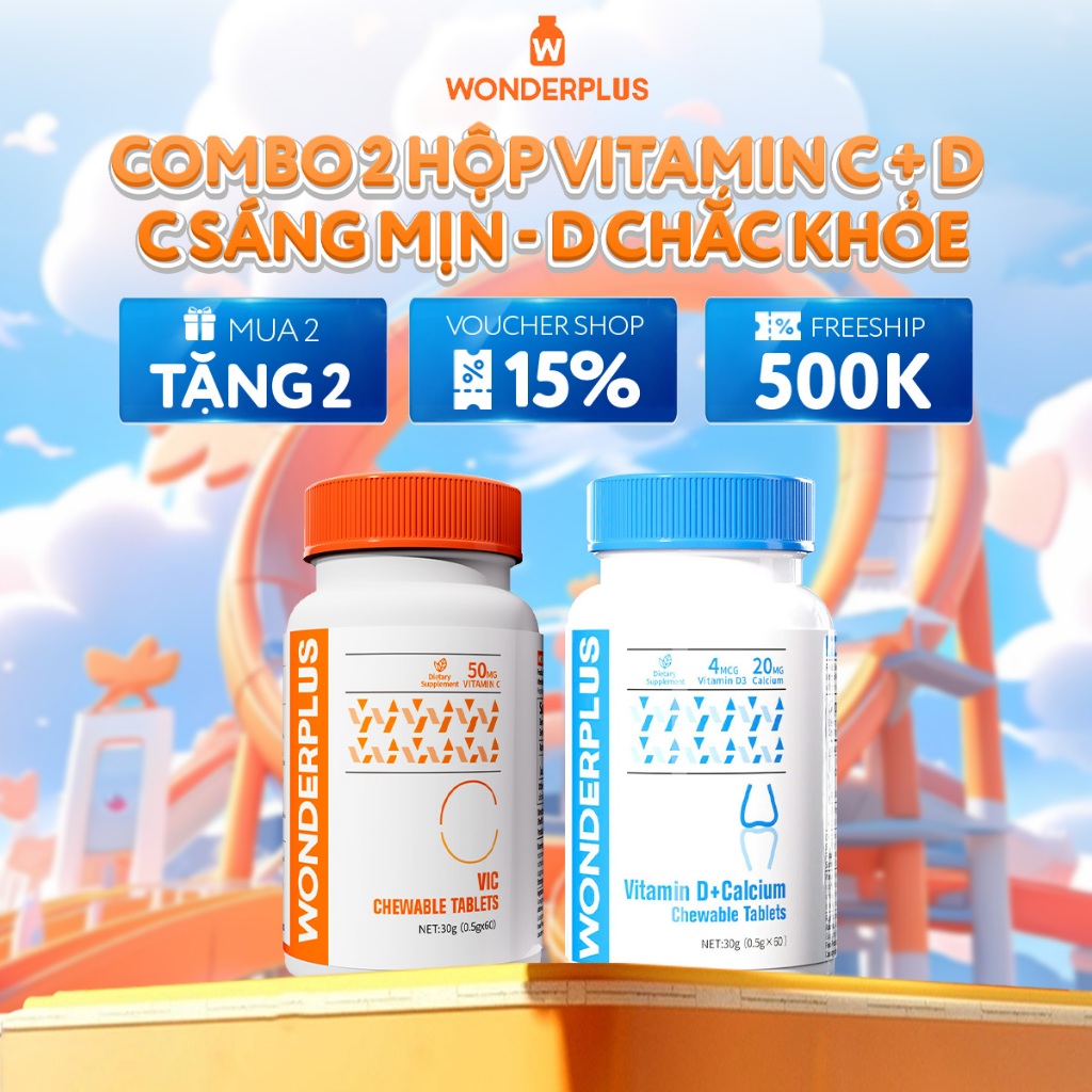 Combo Viên Nhai Bổ Sung Vitamin C 60 Viên + Vitamin D Wonderplus Giúp Làn Da Rạng Rỡ Giúp Xương Chắc Khoẻ Hộp 60 Viên