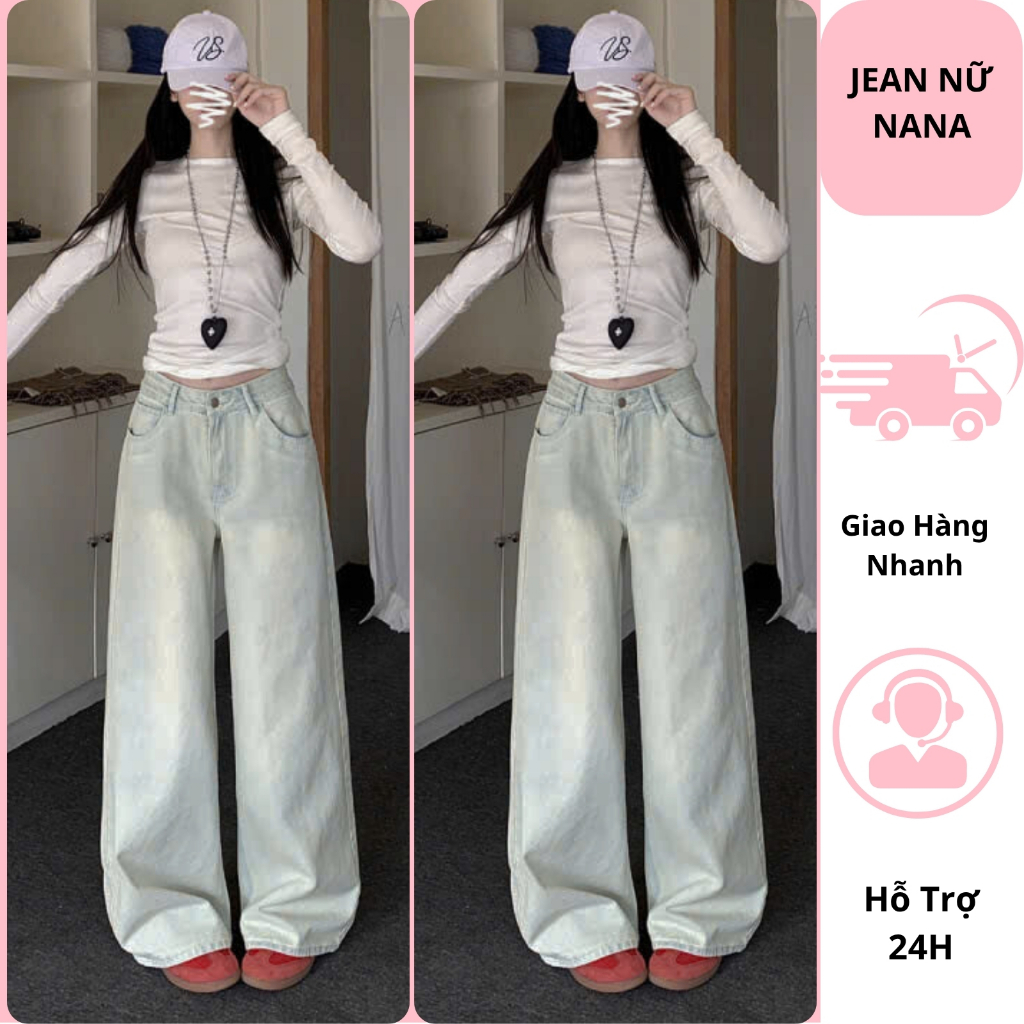 Quần jeans bò nữ ống suông màu xanh bạc cạp cao qua rốn quần bò nữ ống rộng chất vải mềm mại hottrend 2025