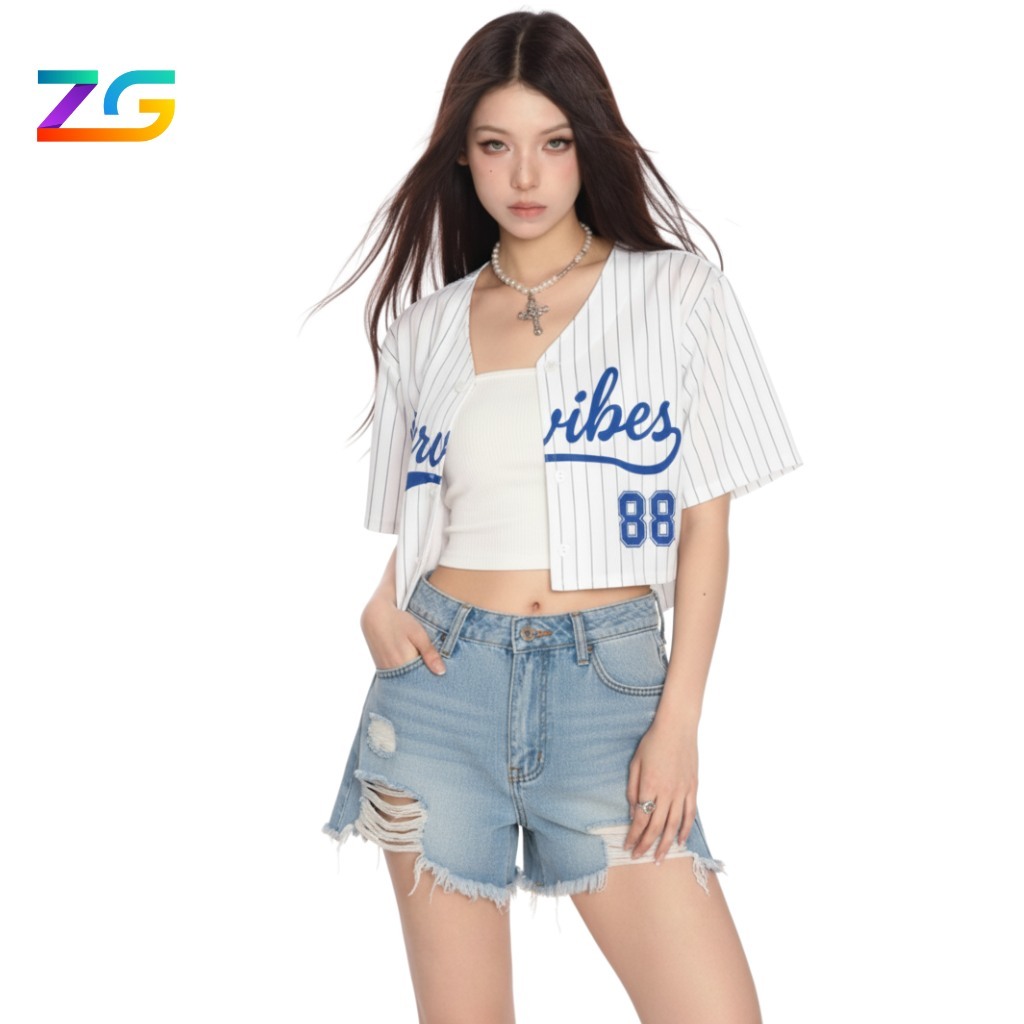 Áo sơ mi bóng chày ZGO sơ mi Crop-Top ngắn tay Unsixe Sọc dáng rộng thể thao AZG28