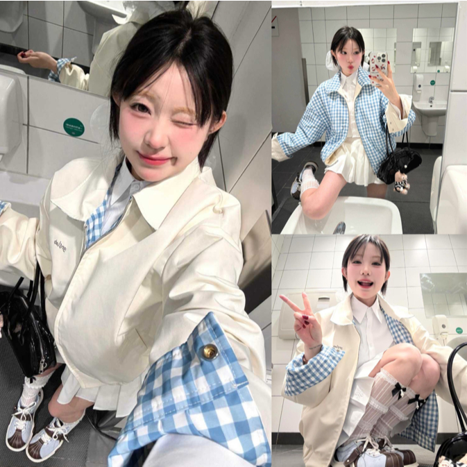 [VIDEO THẬT] SẴN Áo khoác bomber mặc được hai mặt màu trắng và xanh caro sọc trắng dài tay thu đông nữ sinh ulzzang