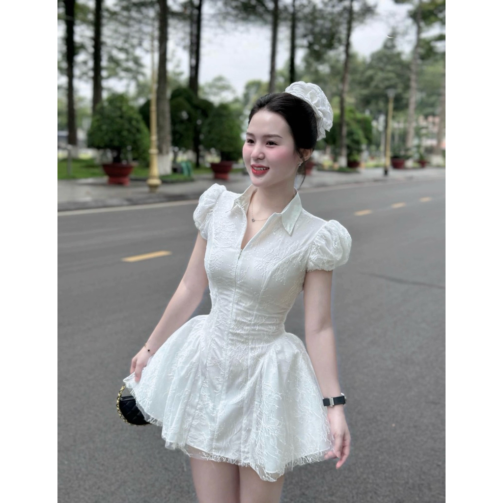 [SẴN SHIP]Váy ren cổ bẻ kéo khoá tay bồng chiết eo xoè ngắn 2 màu váy đi chơi đi tiệc sang chảnh tiểu thư V21