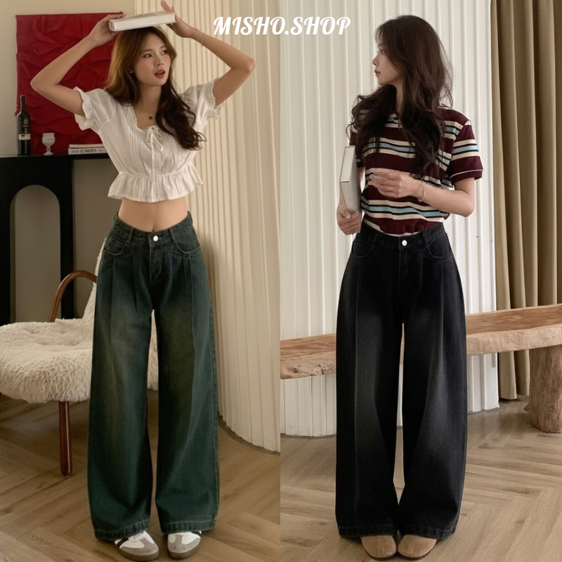 Quần Jeans Nữ Wash Xanh RETRO Ống Rộng Suông Gấp Ly Trước Cạp Cao MINIHOUSE, Quần Bò Nữ Ống Suông Rộng Ánh Bạc MINI001