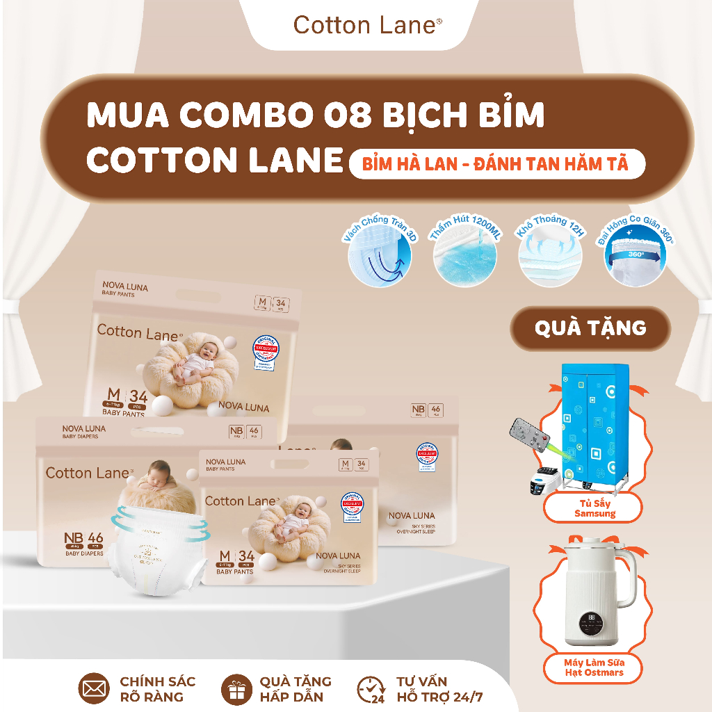 [TẶNG QUÀ - COMBO 8 BỊCH] Tã/Bỉm Cotton Lane Luna Nova, tiêu chuẩn Châu Âu, Mềm Mại, khô thoáng 24h, Thấm Hút 1200ml