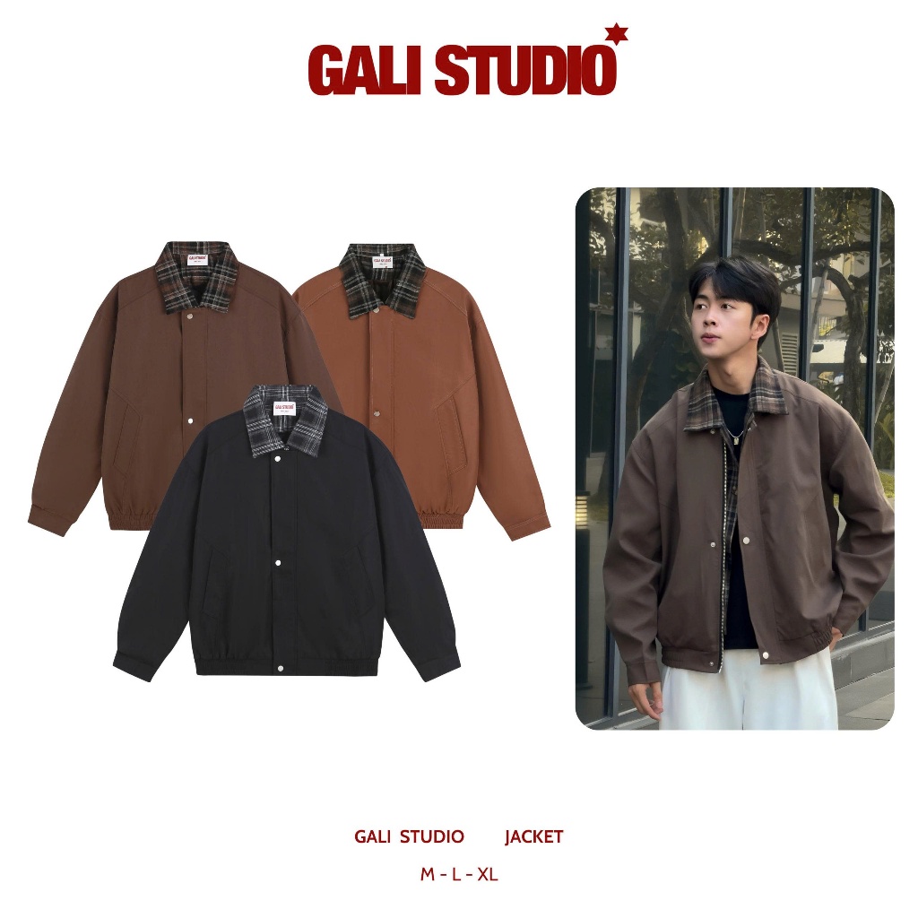 Áo Khoác Jacket Gali.Stu Form suông Cổ Bẻ Chất Liệu Kaki Hai Lớp, Có Khoá Và Cúc Phong Cách Hàn Quốc