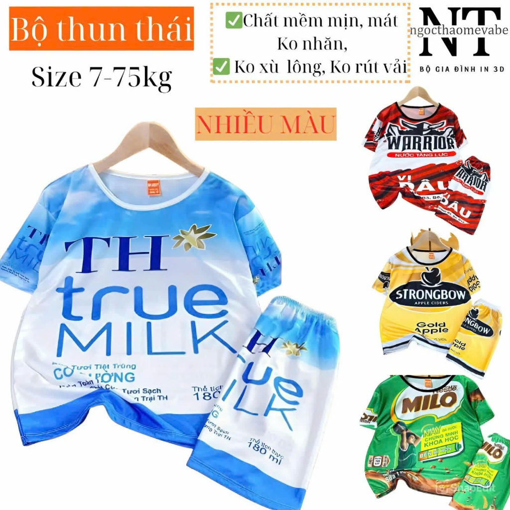 (7-75kg) Đồ bộ thun mẫu sữa TH true milk, sữa Milo, youmost thun mềm,mịn,mát,k0 nhăn,k xù lông,k bay màu