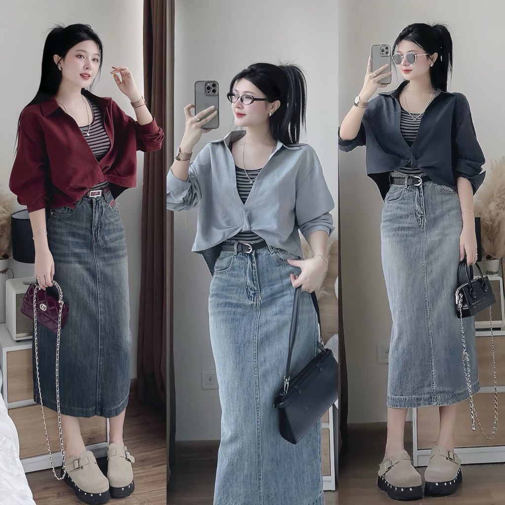 Set Áo Sơ Mi kèm Áo Kẻ Ba Lỗ, Set Áo Kiểu Đi Chơi, Đi Tiệc Dễ Phối Đồ 3 Màu Xám, Đỏ,Xanh Nổi Bật