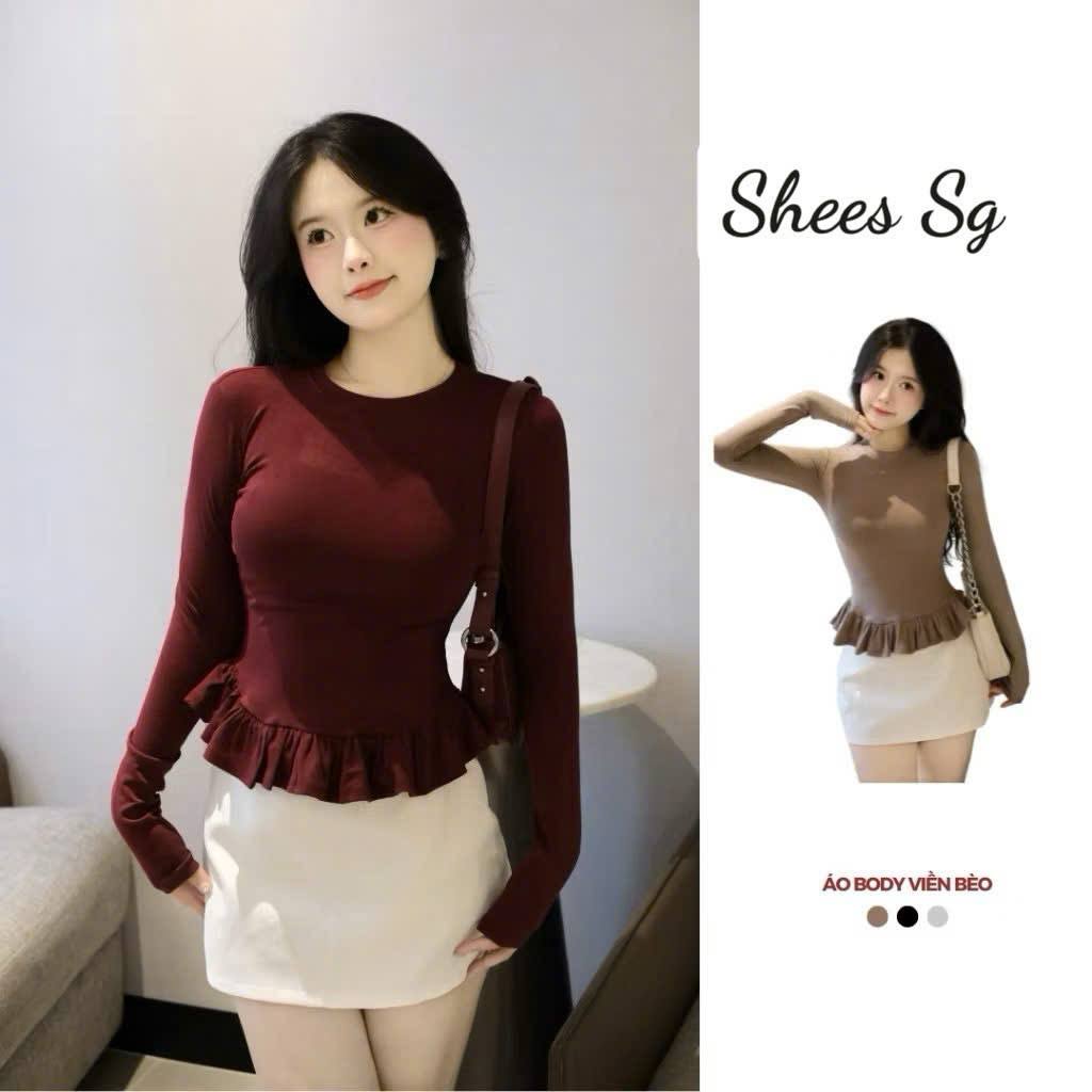 Áo Thun Dài Tay Nữ Ôm Body Phối Viền Bèo Xinh cotton lông mịn SHEES 2509