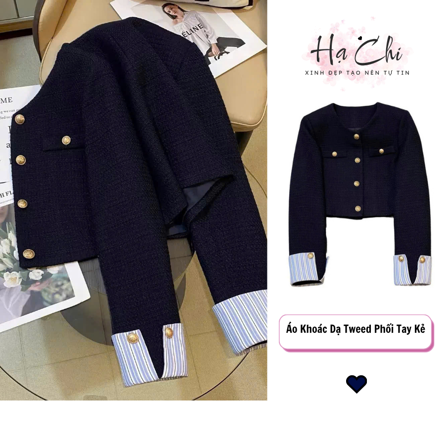 Áo Khoác Nữ Dạ Tweed Dáng Lửng Hàn Quốc - Cổ Tròn Tay Phối Sơ Mi 𝐁𝐲 𝐇ạ 𝐂𝐡𝐢